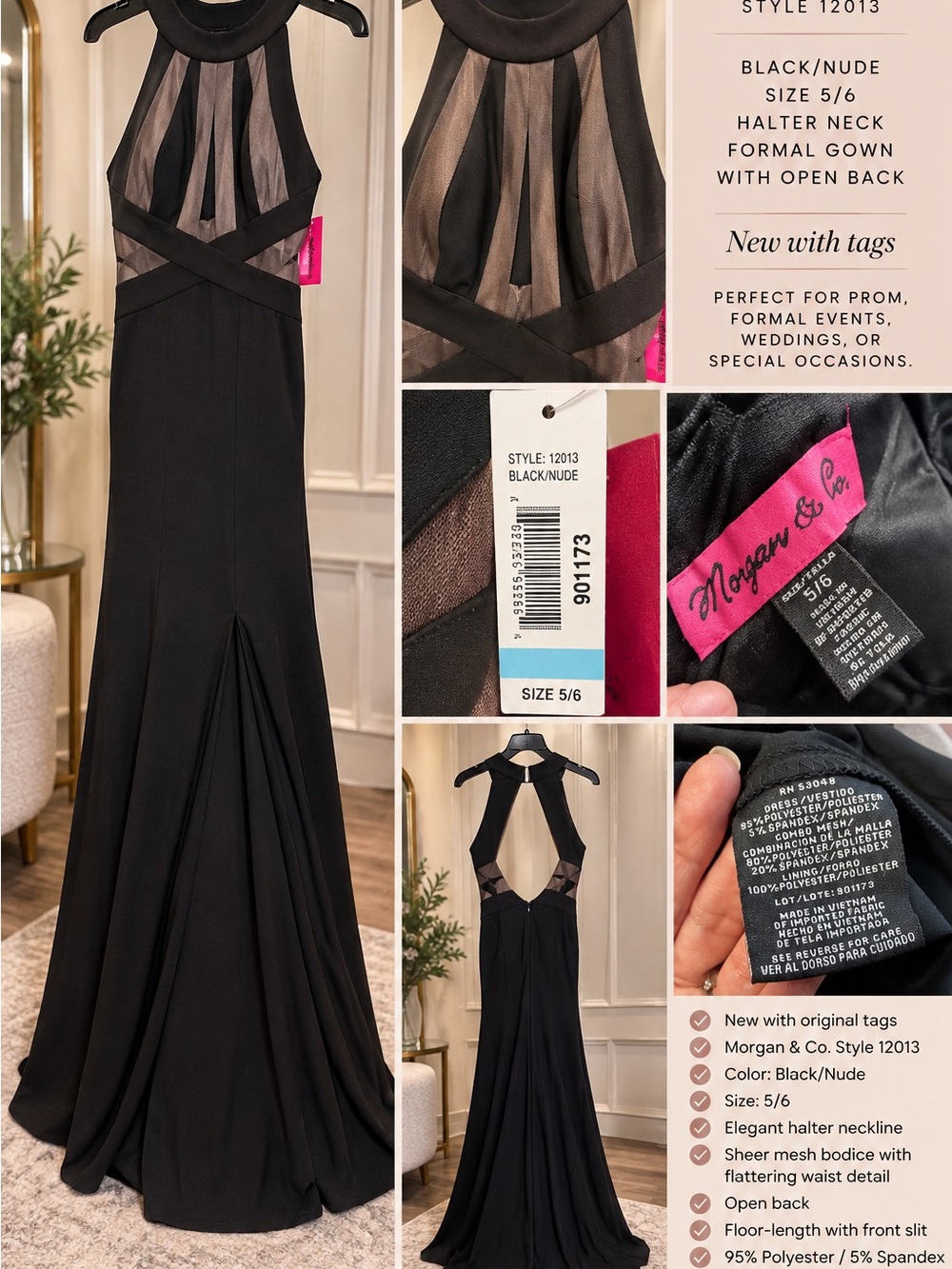 Morgan & Co. Black and Nude Halter Mesh Formal Gown